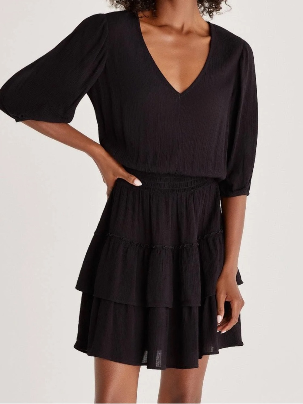 Z Supply Stella Black V-Neck Tiered Mini Dress | M